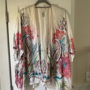 Chicos Kimono One Size Floral Braided Trim Silk Blend Boho Beachy Layering E37